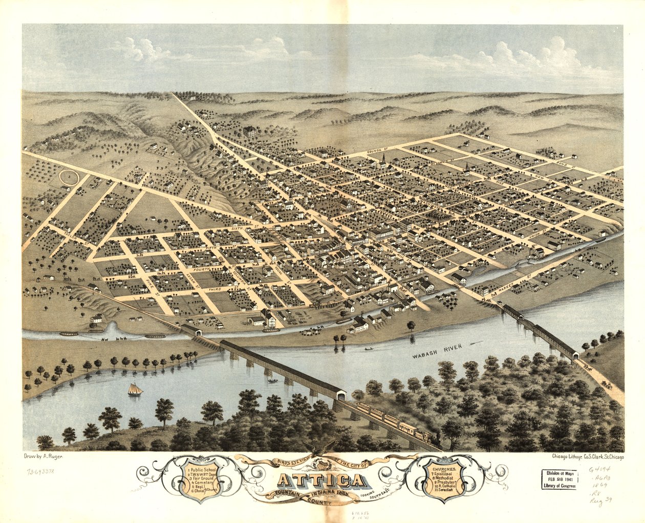 Lintuperspektiivistä Attican kaupunki, Fountain County, Indiana 1869. LOC 73693378 tekijältä A.; Chicago Lithographing Co. Ruger
