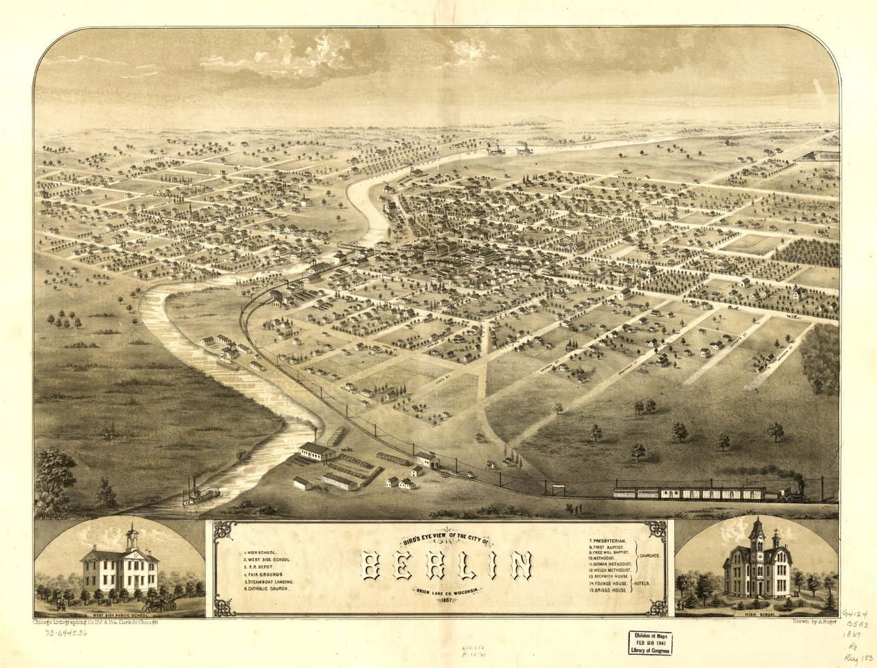 Berliinin kaupungin lintuperspektiivistä, Green Lake Co., Wisconsin 1867. LOC 73694536 tekijältä A.; Chicago Lithographing Co. Ruger