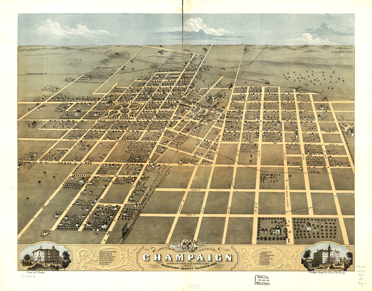 Champaignin kaupunki lintuperspektiivistä, Champaign County, Illinois 1869. LOC 73693348 tekijältä A.; Chicago Lithographing Co. Ruger