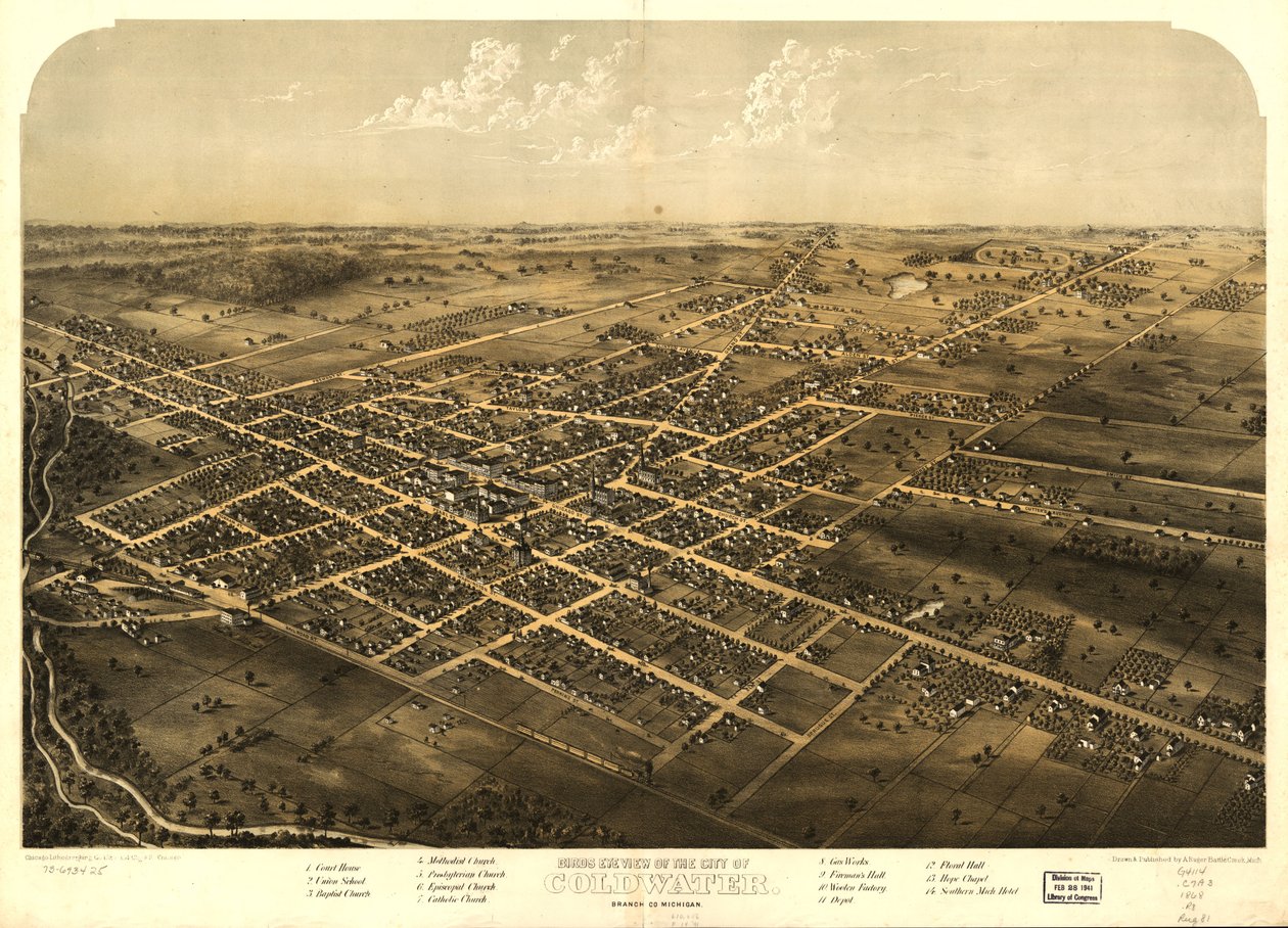 Coldwaterin kaupungin lintuperspektiivistä, Branch Co., Michigan. LOC 73693425 tekijältä A.; Chicago Lithographing Co. Ruger