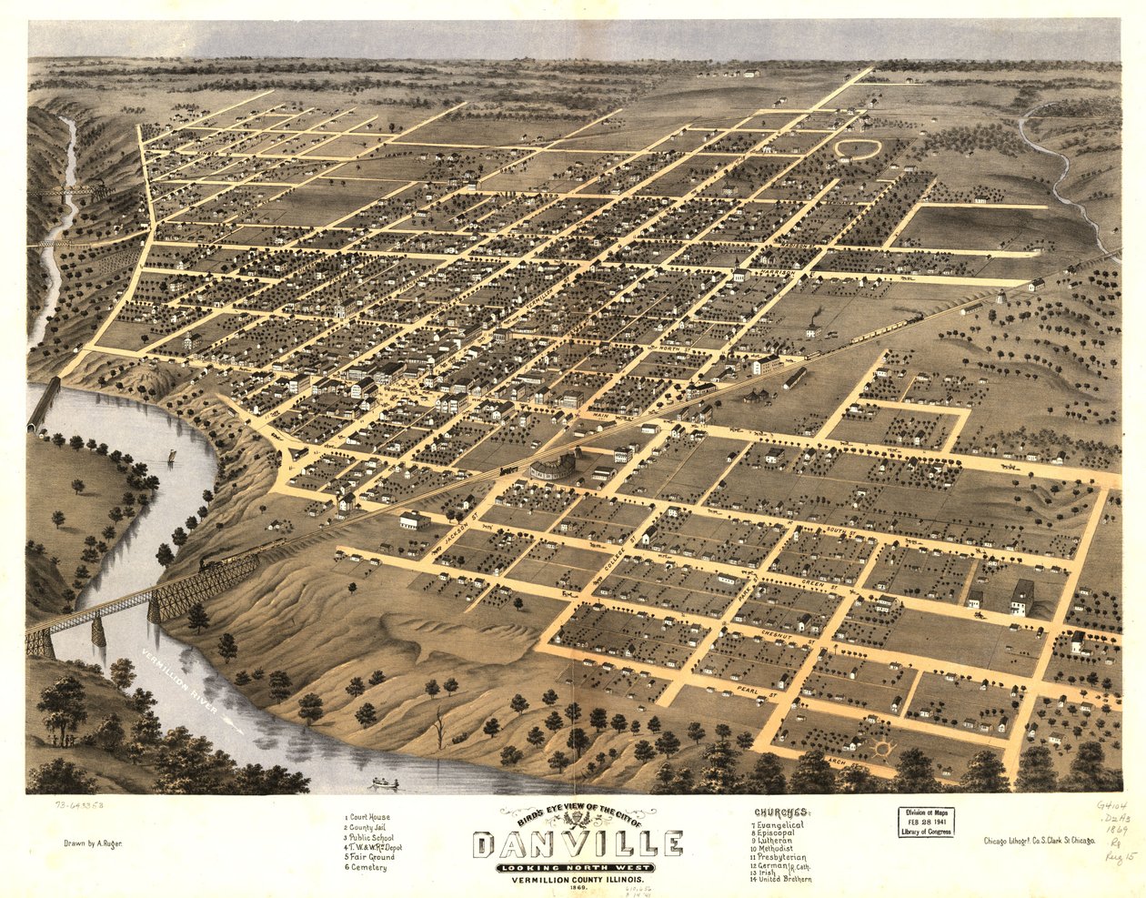 Danvillen kaupunki lintuperspektiivistä, Vermillion County, Illinois 1869. LOC 73693353 tekijältä A.; Chicago Lithographing Co. Ruger