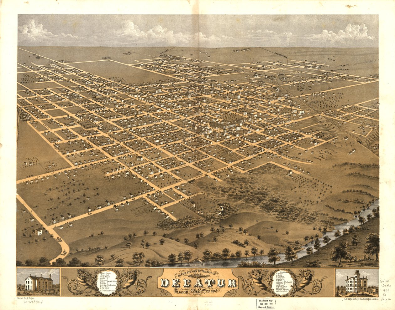 Decaturin kaupunki lintuperspektiivistä, Macon Co., Illinois 1869. LOC 73693354 tekijältä A.; Chicago Lithographing Co. Ruger