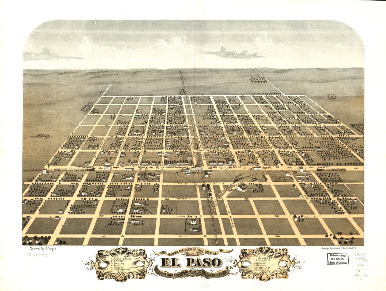 El Pason kaupunki lintuperspektiivistä, Woodford County, Illinois 1869. LOC 73693355 tekijältä A.; Chicago Lithographing Co. Ruger