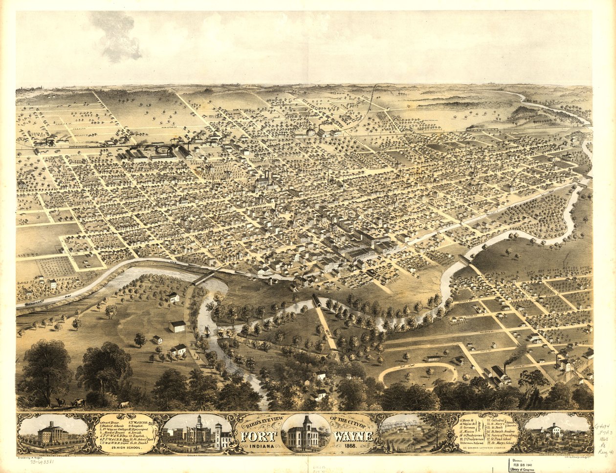 Fort Waynen kaupunki lintuperspektiivistä, Indiana 1868. LOC 73693381 tekijältä A.; Chicago Lithographing Co. Ruger