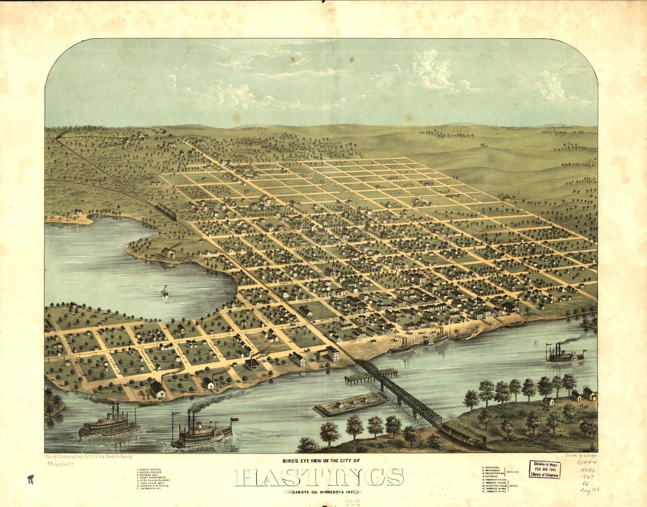 Hastingsin kaupunki lintuperspektiivistä, Dakota Co., Minnesota 1867. LOC 73693453 tekijältä A.; Chicago Lithographing Co. Ruger