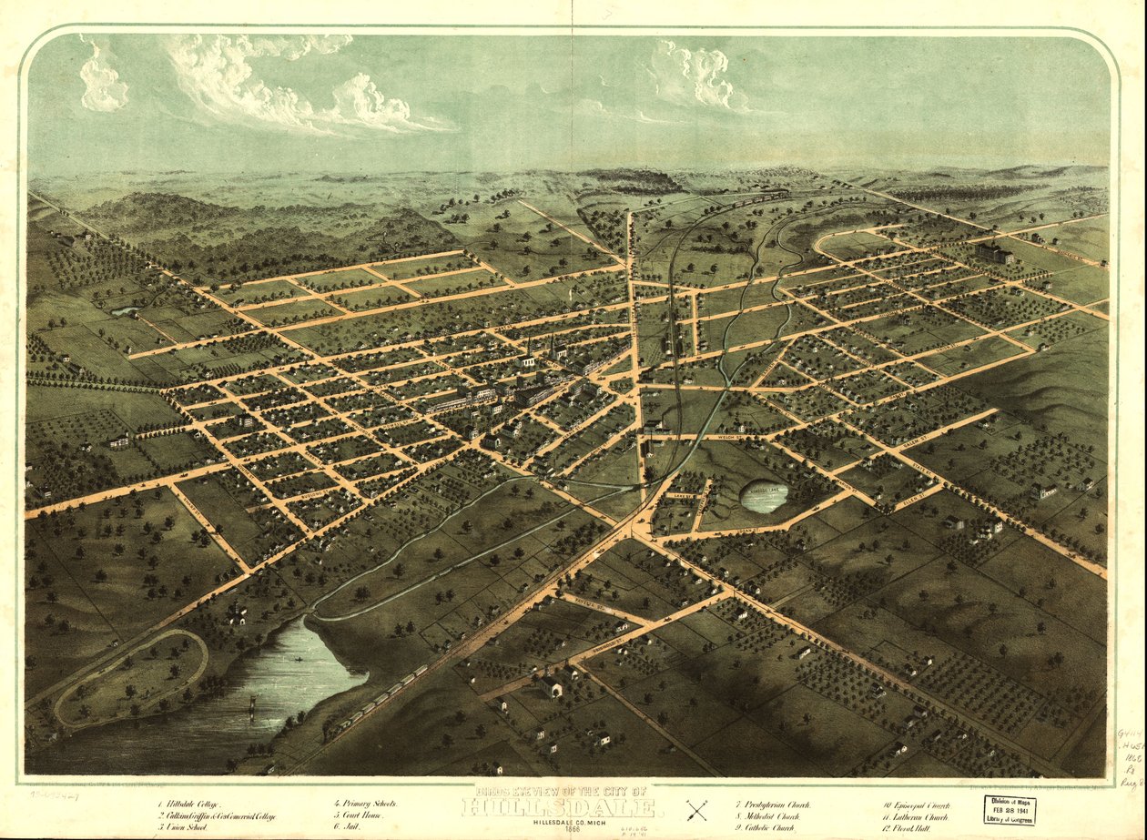 Hillsdalen kaupungin lintuperspektiivi, Hillsdale Co., Mich. 1866. LOC 73693429 tekijältä A.; Chicago Lithographing Co. Ruger