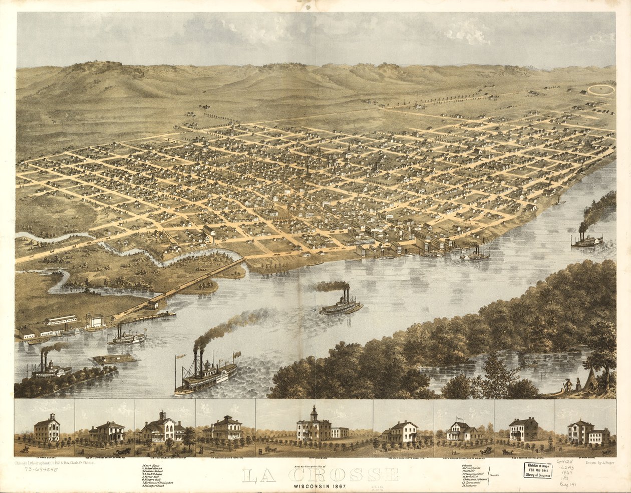 La Crossen kaupungin lintuperspektiivistä, Wisconsin 1867. LOC 73694545 tekijältä A.; Chicago Lithographing Co. Ruger