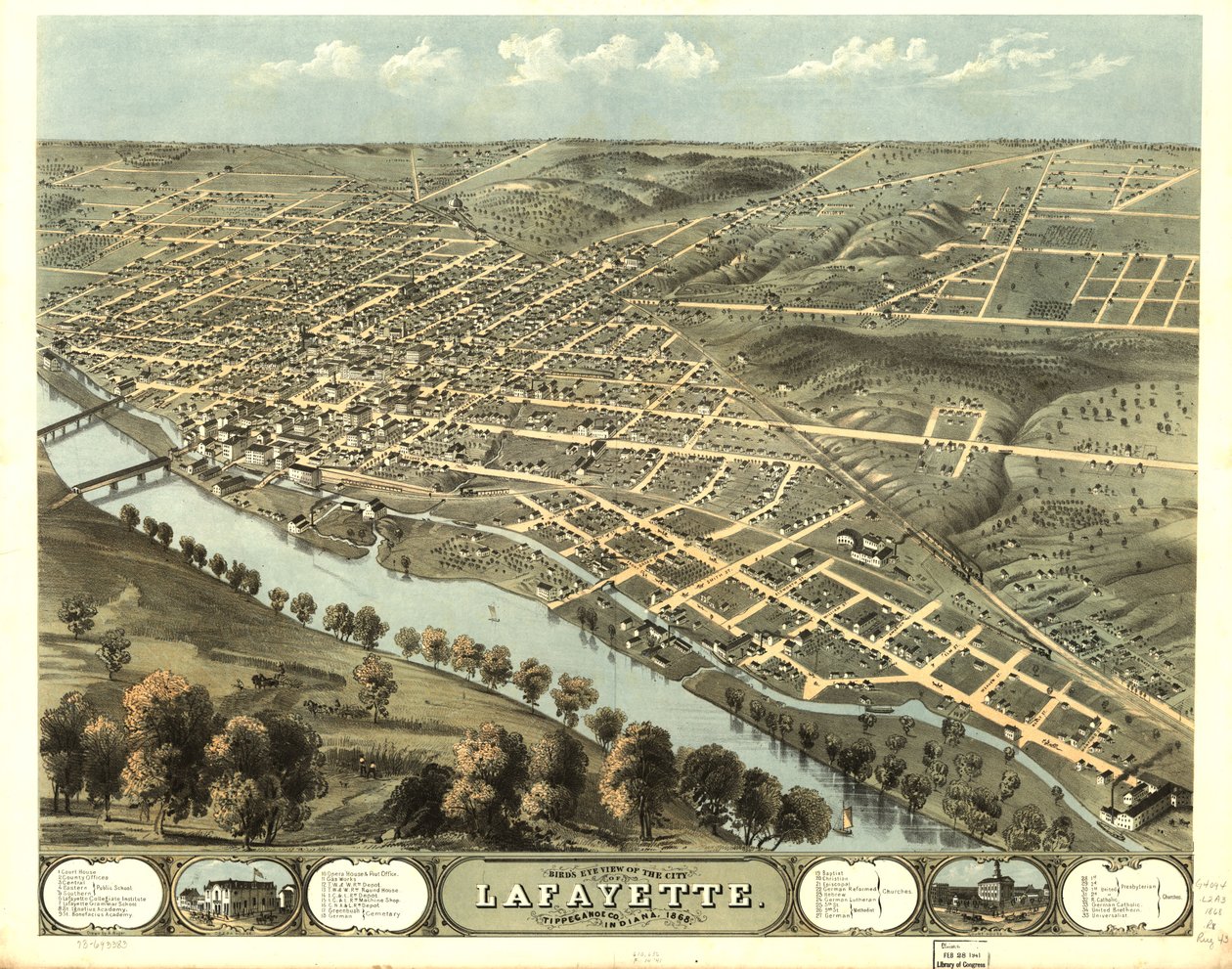 Lafayetten kaupunki lintuperspektiivistä, Tippecanoe Co., Indiana 1868. LOC 73693383 tekijältä A.; Chicago Lithographing Co. Ruger