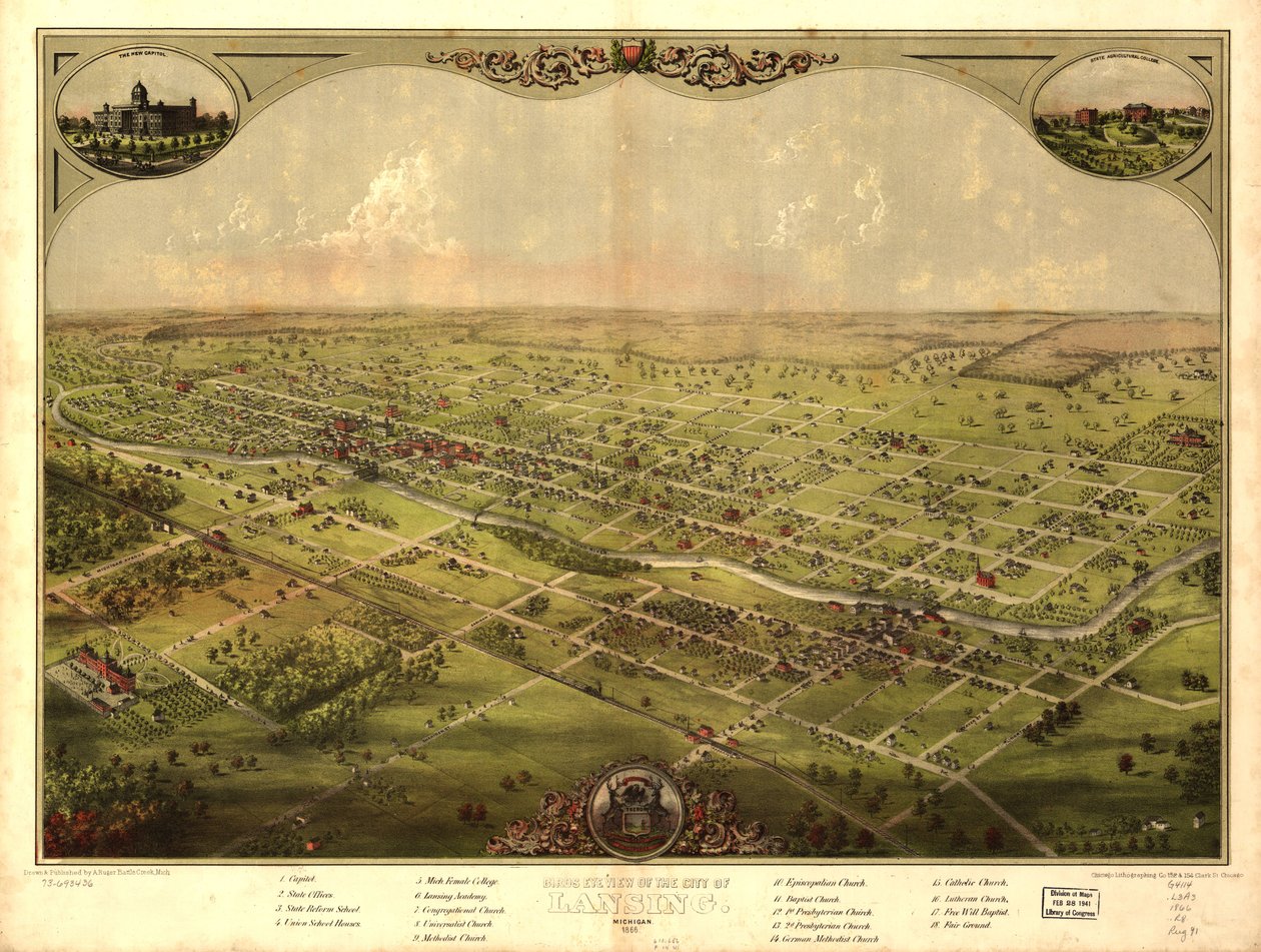 Lansingin kaupungin lintuperspektiivistä, Michigan 1866. LOC 73693436 tekijältä A.; Chicago Lithographing Co. Ruger