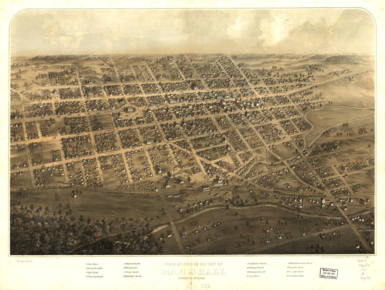 Marshallin kaupungin lintuperspektiivistä, Calhoun Co., Michigan. LOC 73693437 tekijältä A.; Chicago Lithographing Co. Ruger