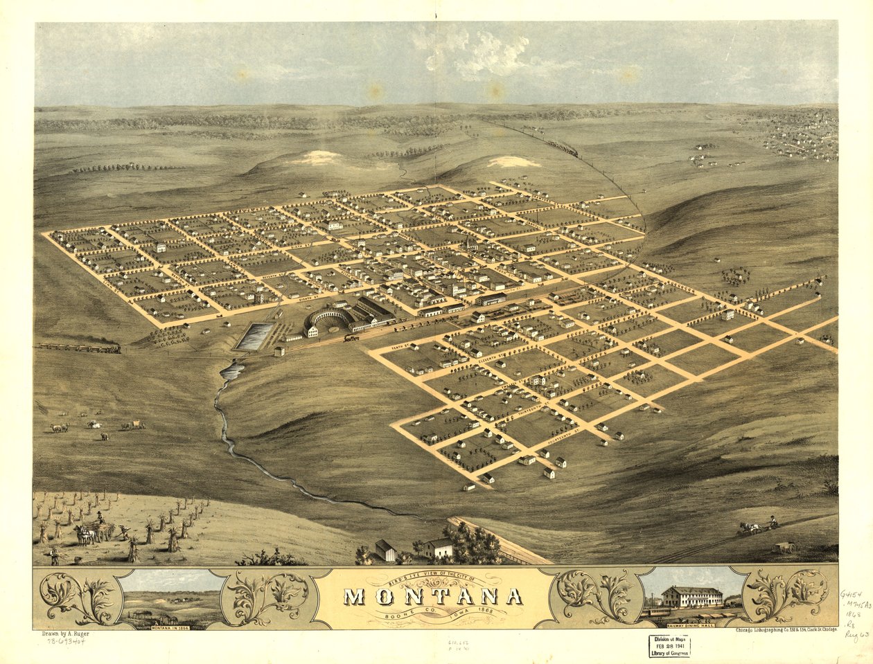 Montanan kaupunki lintuperspektiivistä, Boone Co., Iowa 1868. LOC 73693404 tekijältä A.; Chicago Lithographing Co. Ruger
