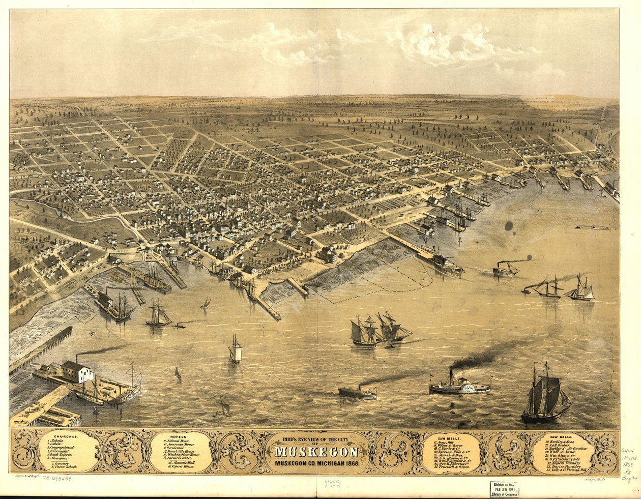 Lintuperspektiivistä Muskegonin kaupunki, Muskegon Co., Michigan 1868. tekijältä A.; Chicago Lithographing Co. Ruger