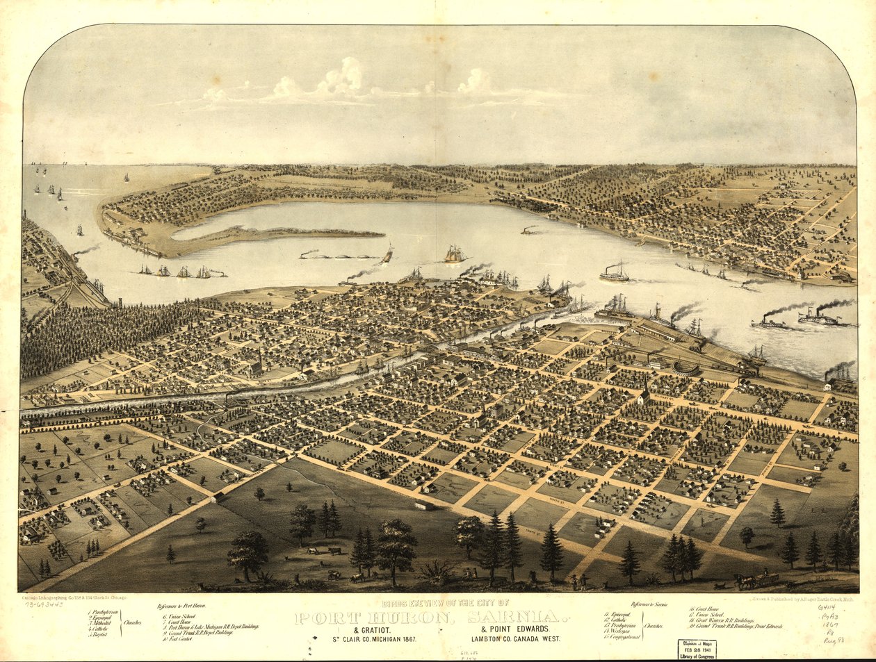 Linnun silmin Port Huronin kaupunki, Sarnia  Gratiot, St. Clair Co., Michigan 1867  Point Edwards, Lambton Co., Kanada länteen. LOC 73693443 tekijältä A.; Chicago Lithographing Co. Ruger