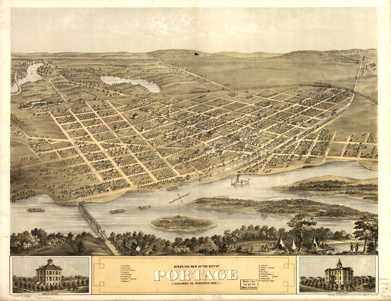 Portagen kaupungin lintuperspektiivistä, Columbia Co., Wisconsin 1868. LOC 73694548 tekijältä A.; Chicago Lithographing Co. Ruger