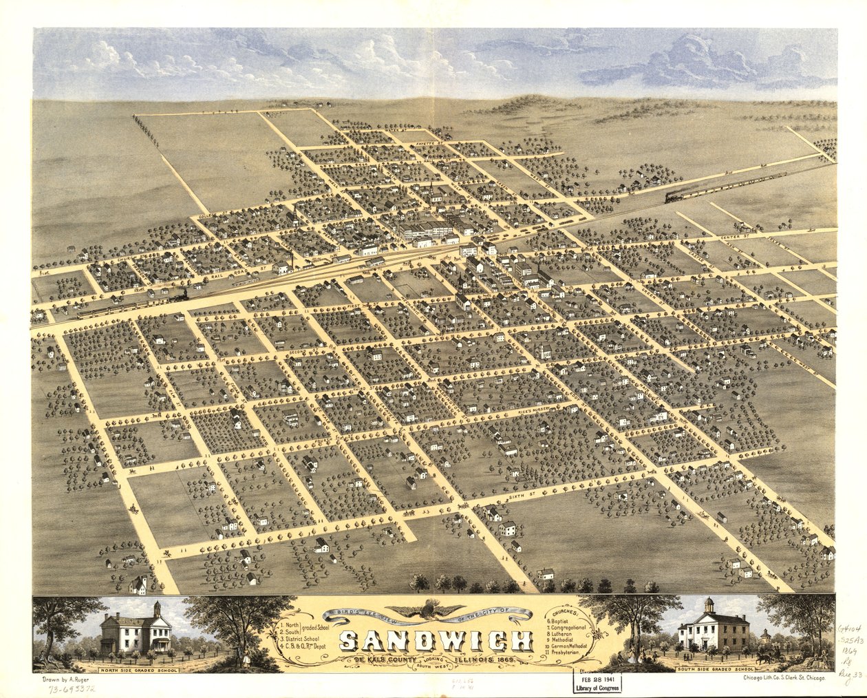 Sandwichin kaupunki lintuperspektiivistä, De Kalb County, Illinois 1869. LOC 73693372 tekijältä A.; Chicago Lithographing Co. Ruger