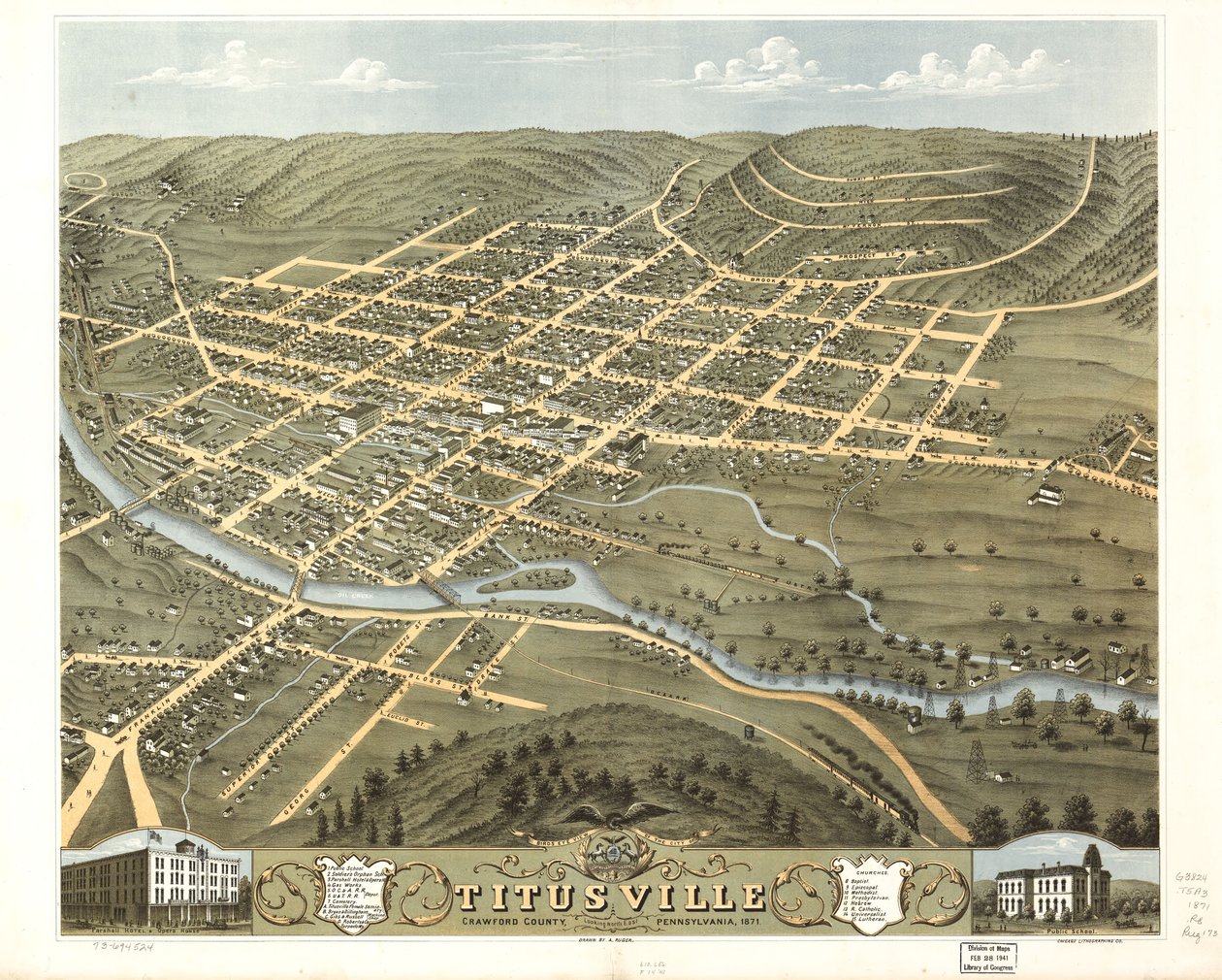 Titusvillen kaupungin lintuperspektiivi, Crawfordin piirikunta, Pennsylvania 1871. LOC 73694524 tekijältä A.; Chicago Lithographing Co. Ruger