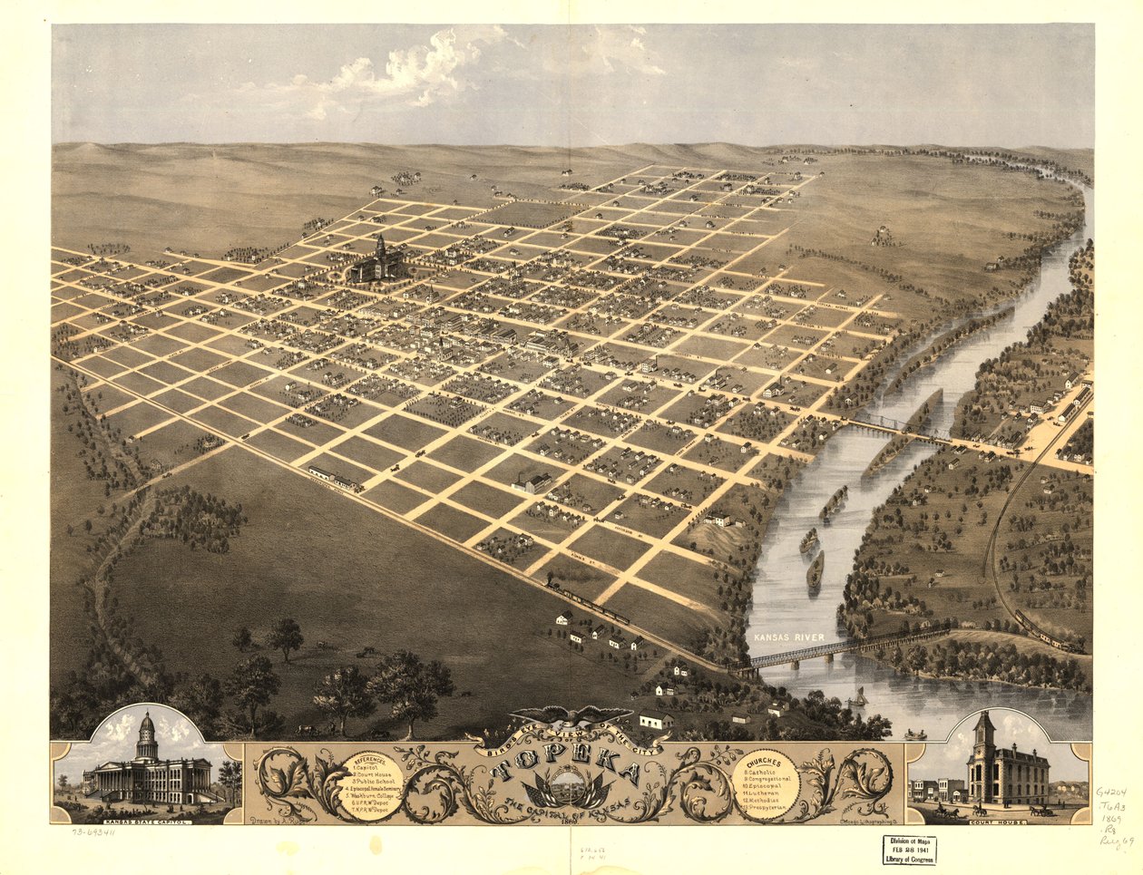 Kansasin pääkaupungin Topekan kaupunki lintuperspektiivistä 1869. LOC 73693411 tekijältä A.; Chicago Lithographing Co. Ruger