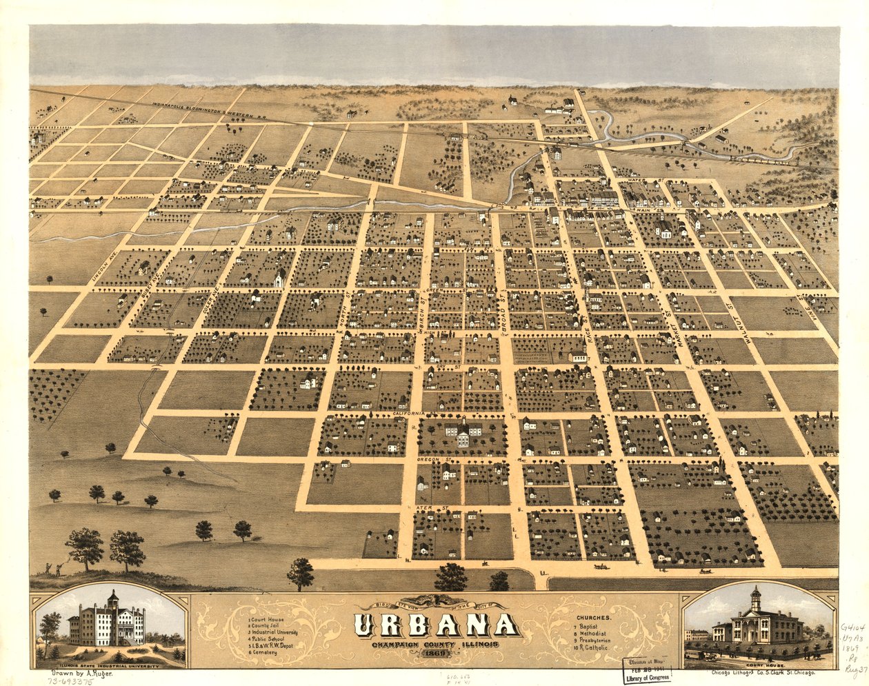 Urbanan kaupunki lintuperspektiivistä, Champaign County, Illinois 1869. LOC 73693375 tekijältä A.; Chicago Lithographing Co. Ruger