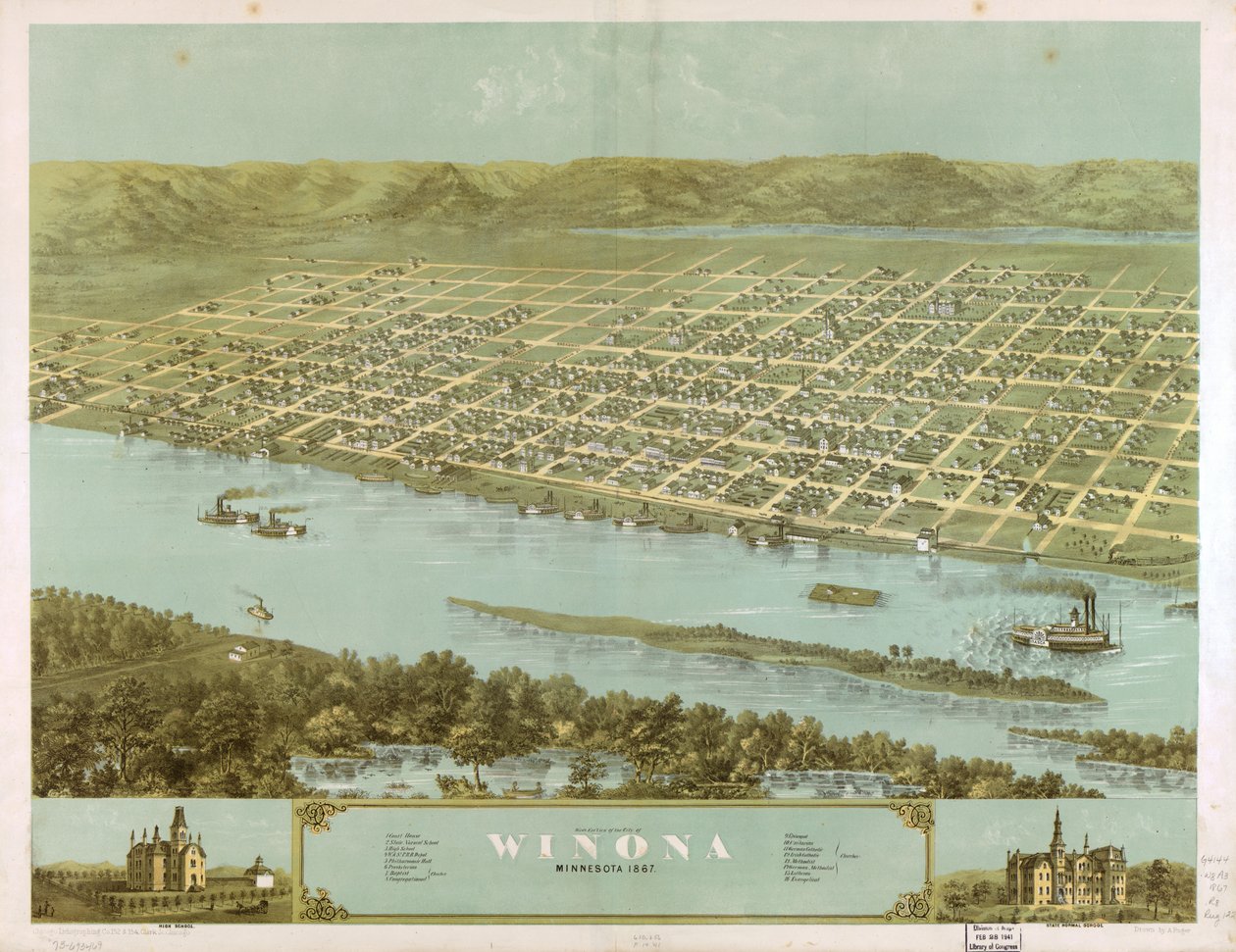 Winonan kaupungin lintuperspektiivistä, Minnesota 1867. LOC 73693469 tekijältä A.; Chicago Lithographing Co. Ruger