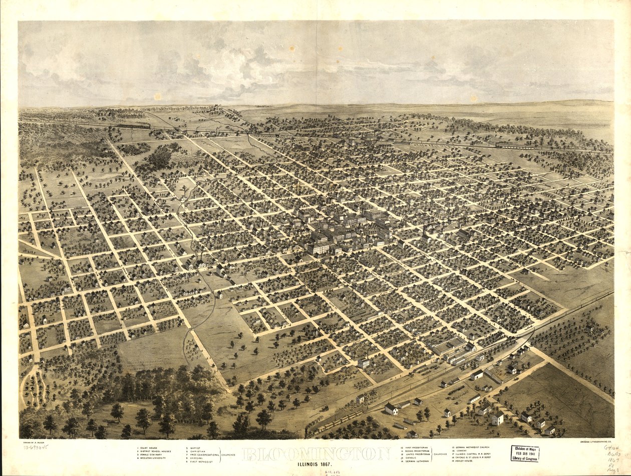 Bloomington, Illinois 1867. LOC 73693345 tekijältä A.; Chicago Lithographing Co. Ruger