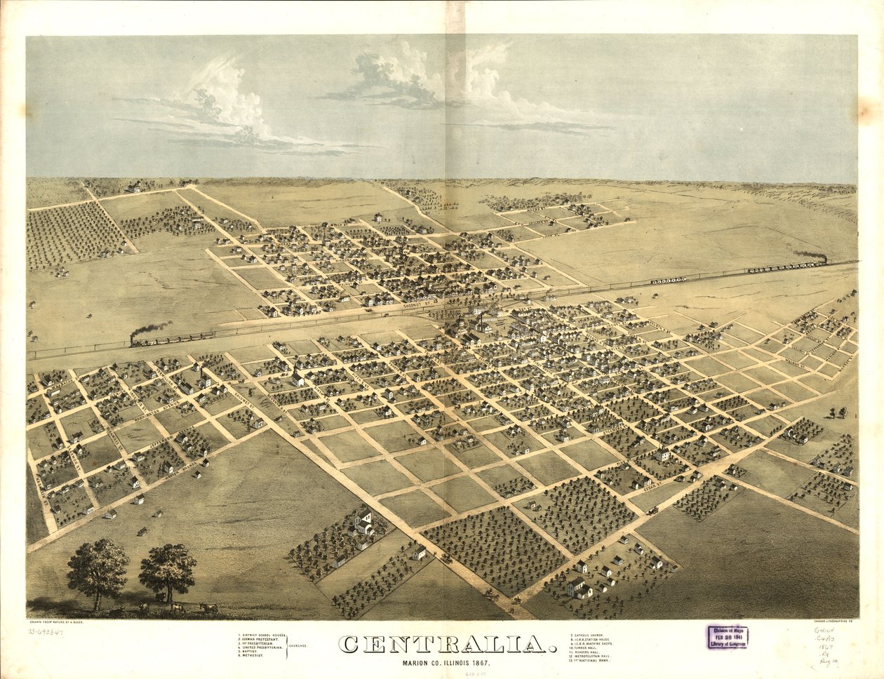 Centralia, Marion Co., Illinois 1867. LOC 73693347 tekijältä A.; Chicago Lithographing Co. Ruger