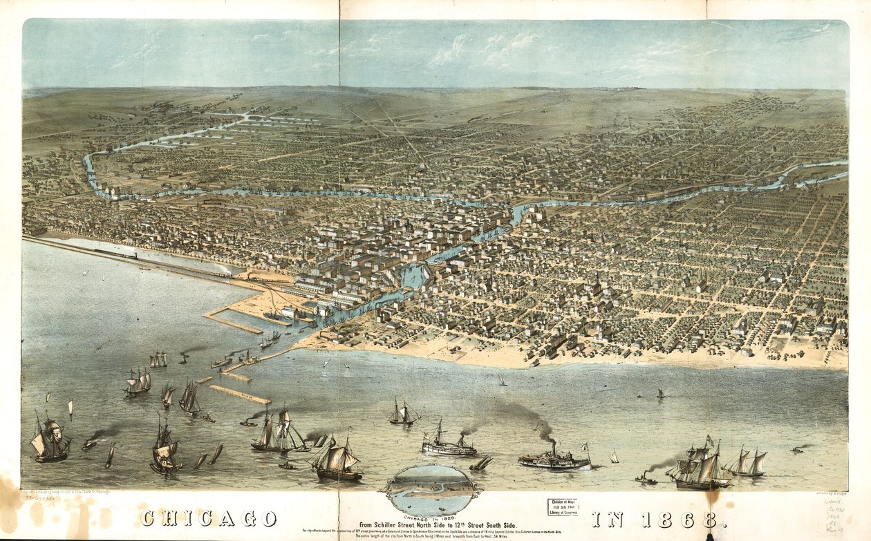 Chicago vuonna 1868 Schiller Streetin pohjoispuolelta 12th Streetin eteläpuolelle. LOC 73693350 tekijältä A.; Chicago Lithographing Co. Ruger