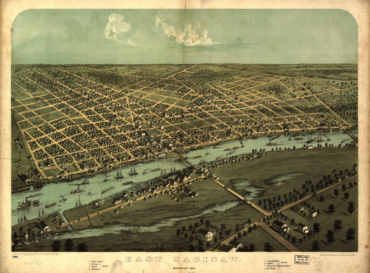 East Saginaw, Michigan, 1867 LOC 80691360 tekijältä A.; Chicago Lithographing Co. Ruger