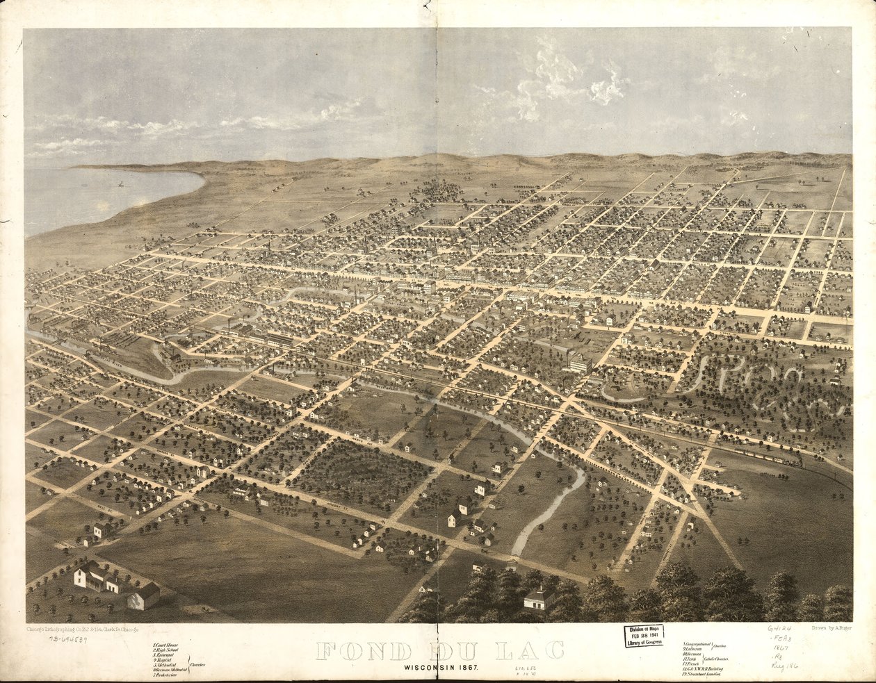 Fond du Lac, Wisconsin 1867. LOC 73694539 tekijältä A.; Chicago Lithographing Co. Ruger