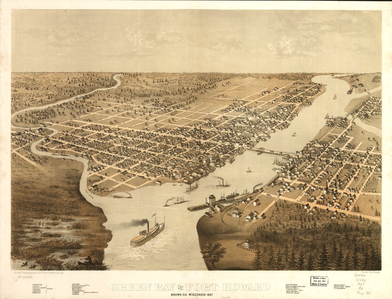 Green Bay ja Fort Howard, Brown Co., Wisconsin 1867. LOC 73694541 tekijältä A.; Chicago Lithographing Co. Ruger