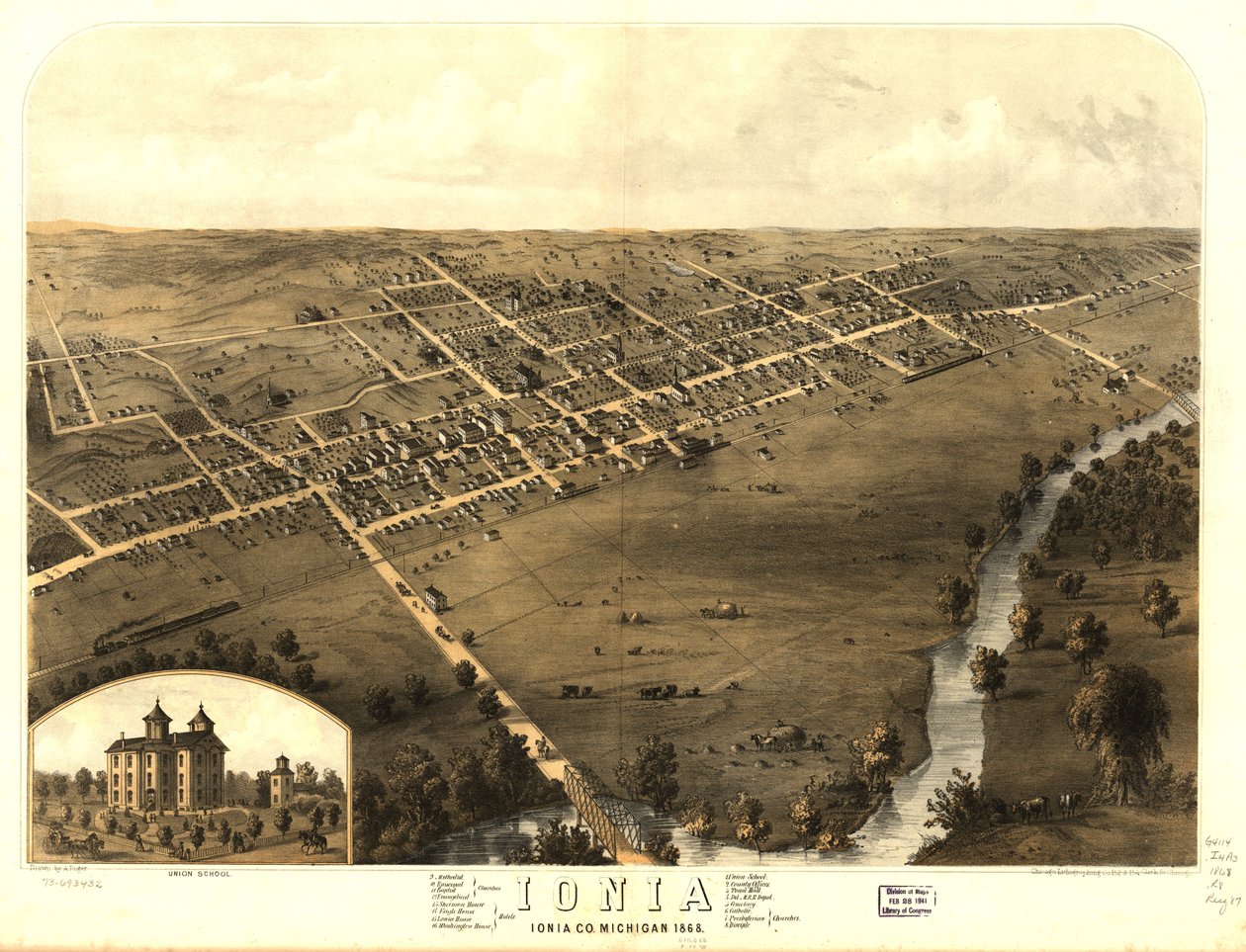 Ionia, Ionia Co, Michigan 1868. LOC 73693432 tekijältä A.; Chicago Lithographing Co. Ruger