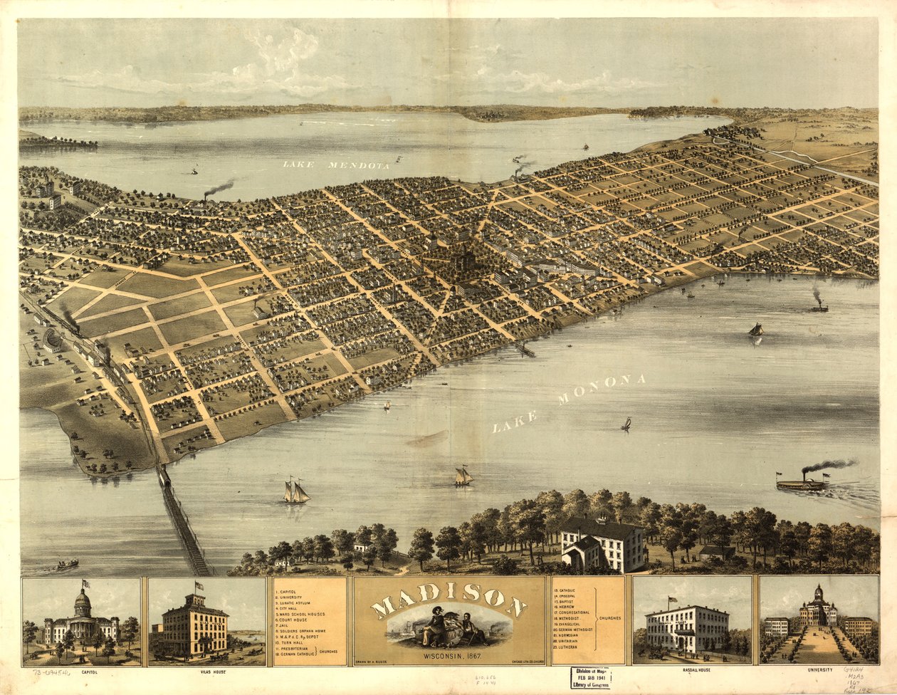 Madison, Wisconsin 1867. LOC 73694546 tekijältä A.; Chicago Lithographing Co. Ruger