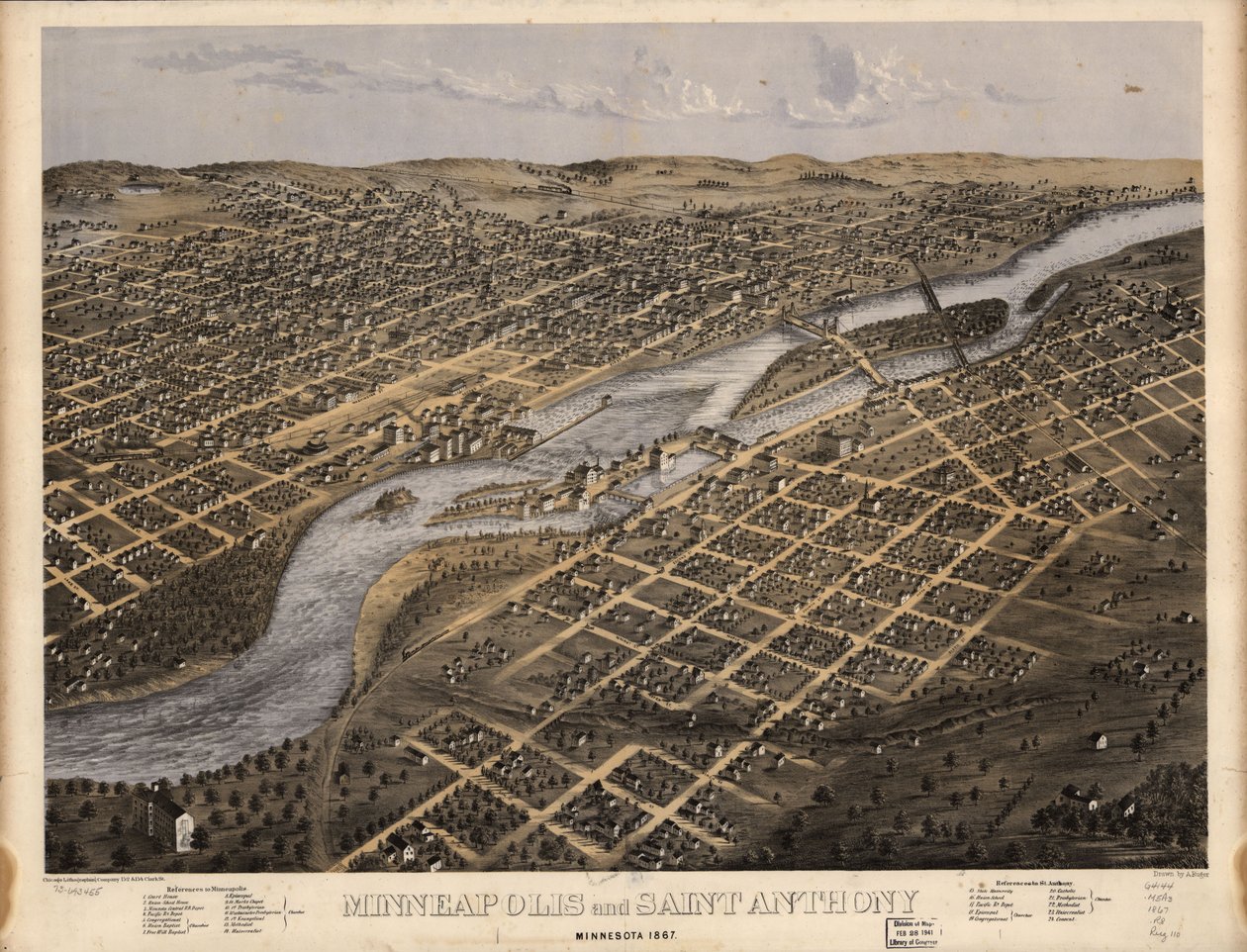 Minneapolis ja Saint Anthony, Minnesota 1867. LOC 73693455 tekijältä A.; Chicago Lithographing Co. Ruger
