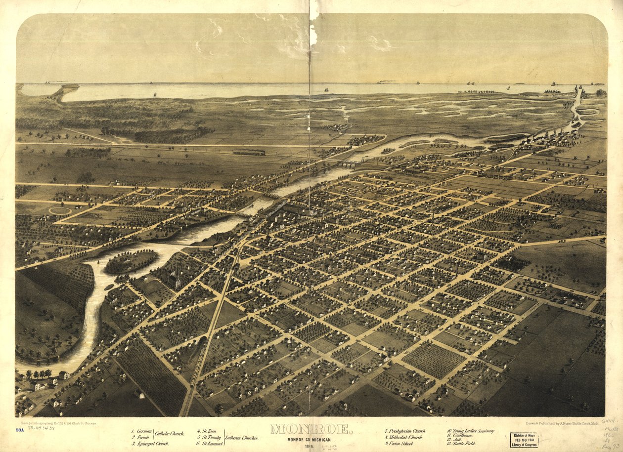 Monroe, Monroe Co., Michigan 1866. LOC 73693438 tekijältä A.; Chicago Lithographing Co. Ruger