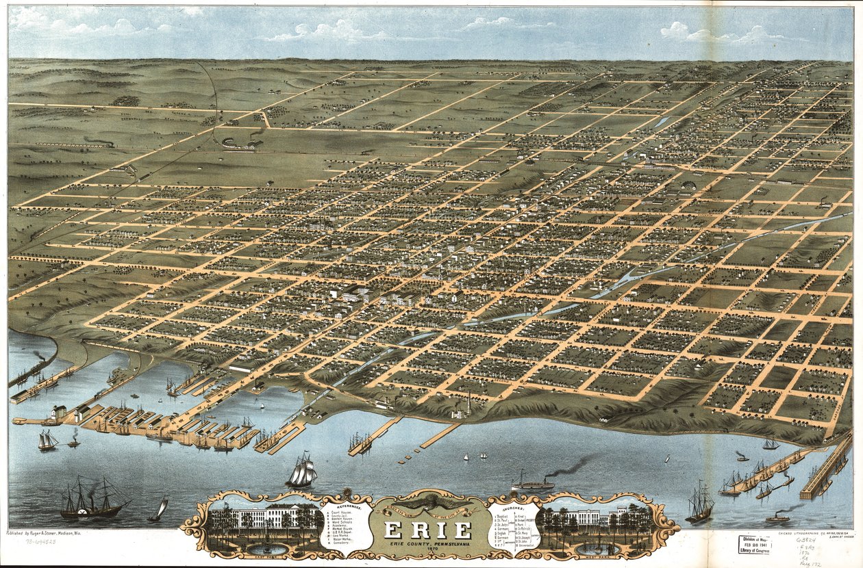 Lintuperspektiivistä Erien kaupunkiin, Erien piirikunnassa, Pennsylvaniassa 1870. tekijältä A. Chicago Lithographing Co. Ruger and Stoner Ruger
