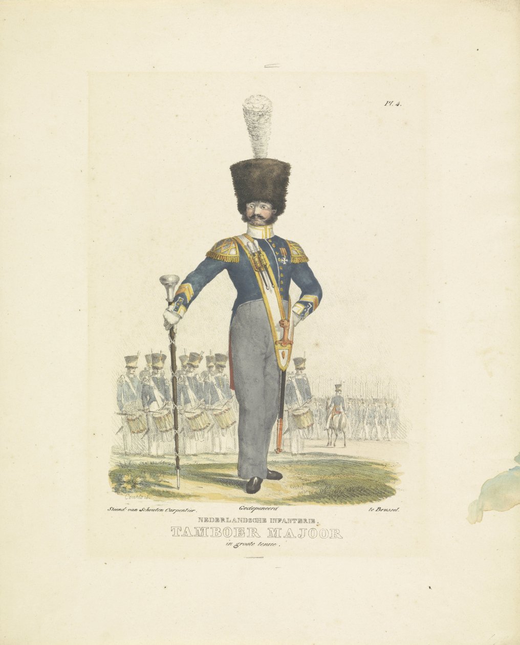Rumpumajuri täydessä univormussa Rumpu duuri täydessä univormussa, 1820-1825 hollantilainen jalkaväki. Rumpumajuri upeassa univormussa (nimi esineessä) Alankomaiden kuningaskunnan sotilasasut. Omistettu Hänen korkeutensa Willem van Bylandtille (sarja tekijältä A. Courtois