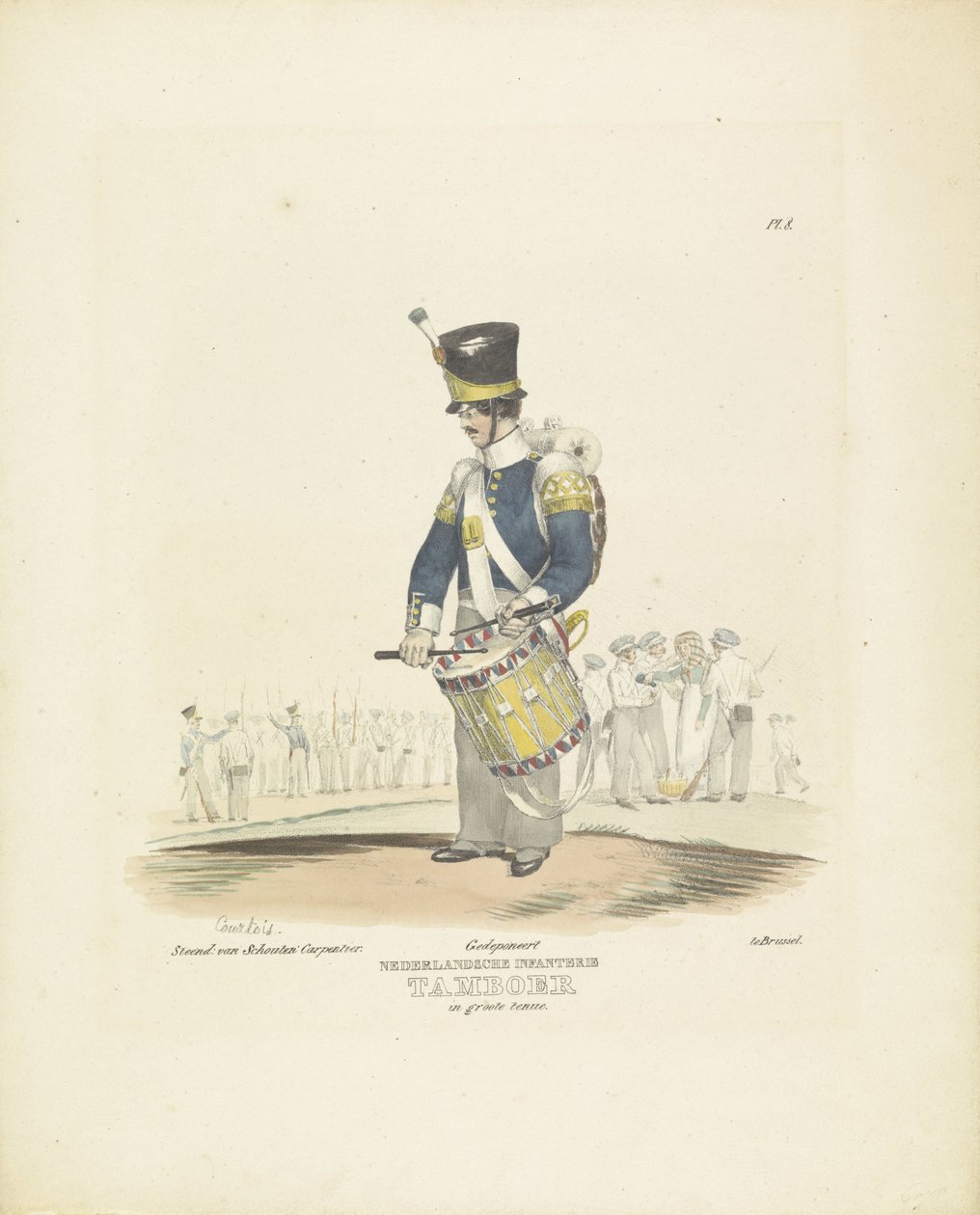 Rumpali täydessä univormussa Rumpali täydessä asussa, 1820-1825 hollantilainen jalkaväki. Rumpali täydessä univormussa (nimi esineessä) Alankomaiden kuningaskunnan sotilasasut. Omistettu Hänen ylhäisyydelleen Willem van Bylandtille (sarjan nimi esite tekijältä A. Courtois