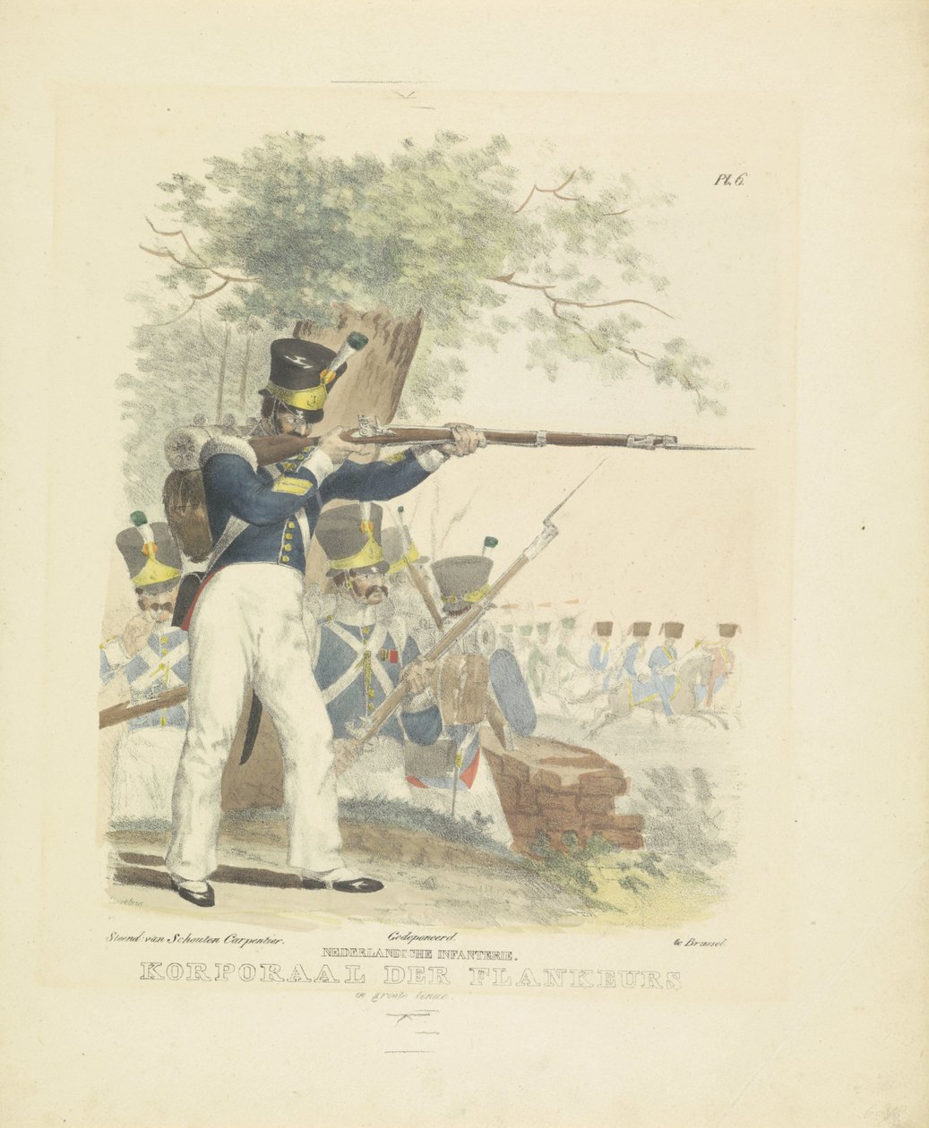 Flankeur upeassa univormussa, 1820-1825 hollantilainen jalkaväki. Korpraali der Flankeurs upeassa univormussa (nimi esineessä) Alankomaiden kuningaskunnan sotilasasut. Omistettu Hänen ylhäisyydelleen Willem van Bylandtille (sarjan nimi esineellä) tekijältä A. Courtois