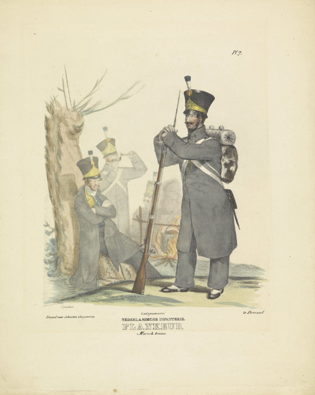 Kylki marssiasussa, 1820-1825 hollantilainen jalkaväki. Flankeur Marsch -puku (nimi esineessä) Alankomaiden kuningaskunnan sotilasasut. Omistettu Hänen ylhäisyydelleen Willem van Bylandtille (sarjan nimi esineellä) tekijältä A. Courtois
