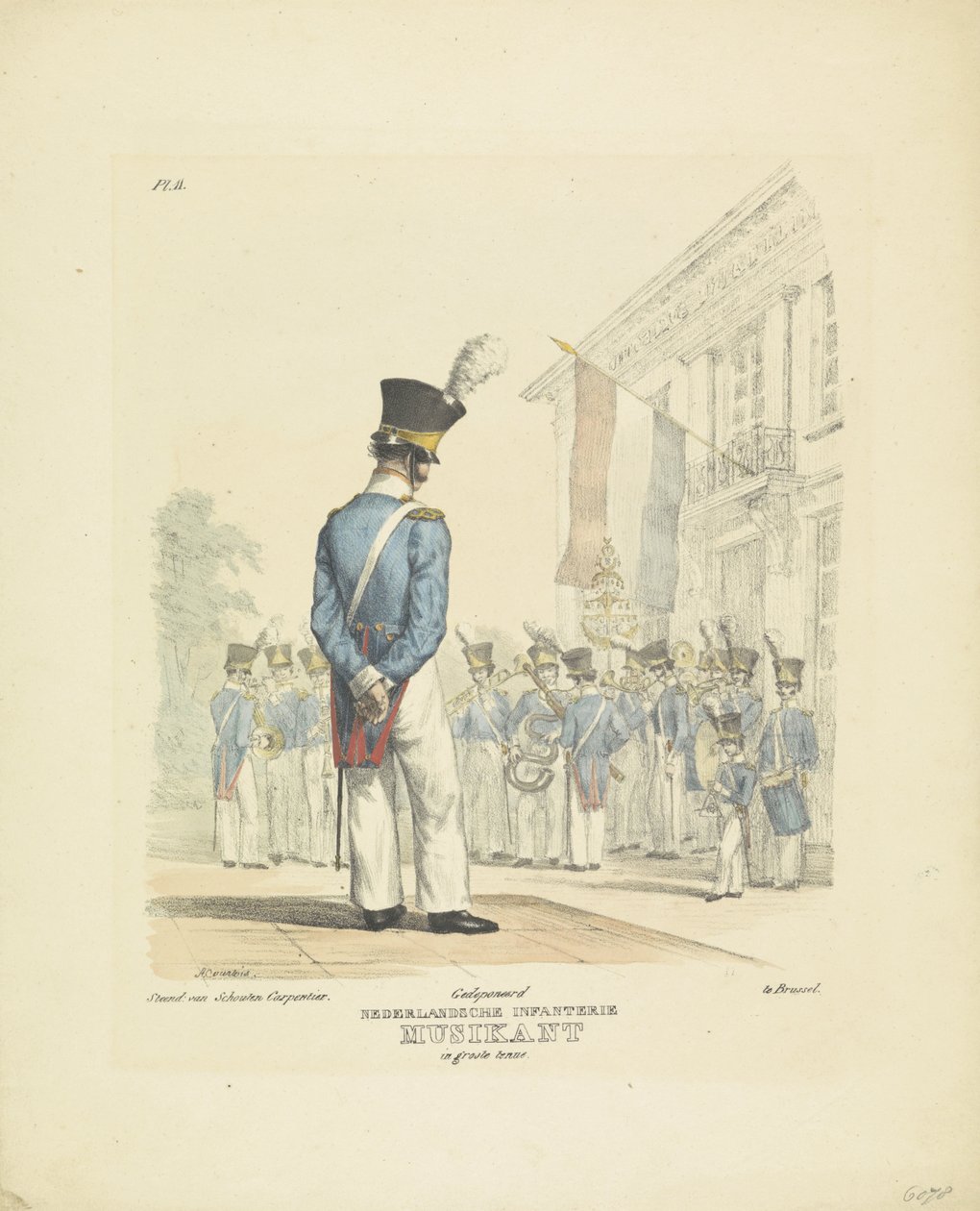 Muusikko täydessä univormussa Täyspukuinen muusikko, 1820-1825 Nederlandsche Infanterie Musikant upeassa univormussa (nimi esineessä) Alankomaiden kuningaskunnan sotilasasut. Omistettu Hänen korkeutensa Willem van Bylandtille (sarjan nimi obj tekijältä A. Courtois
