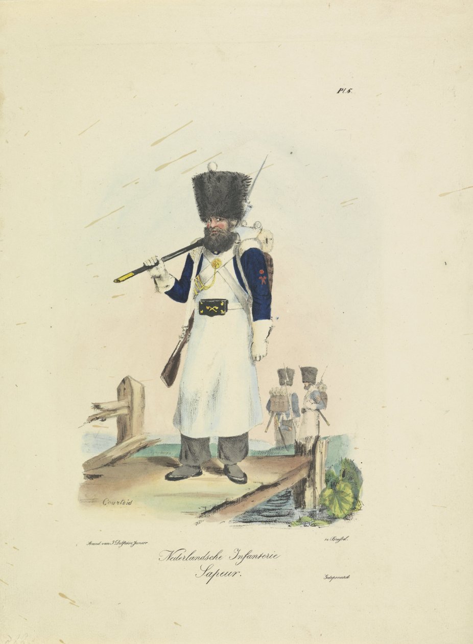 Sappeur, 1820-1825 hollantilainen jalkaväki. sapeur (otsikko esineessä) Alankomaiden kuningaskunnan sotilasasut. Omistettu Hänen ylhäisyydelleen Willem van Bylandtille (esineessä sarjan nimi) tekijältä A. Courtois