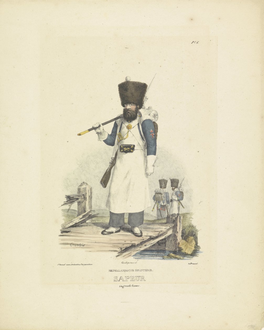 Sappeur upeassa univormussa, 1820-1825 hollantilainen jalkaväki. Sapeur isossa asussa (otsikko esineessä) Alankomaiden kuningaskunnan sotilasasut. Omistettu Hänen ylhäisyydelleen Willem van Bylandtille (sarjan nimi esineellä) tekijältä A. Courtois