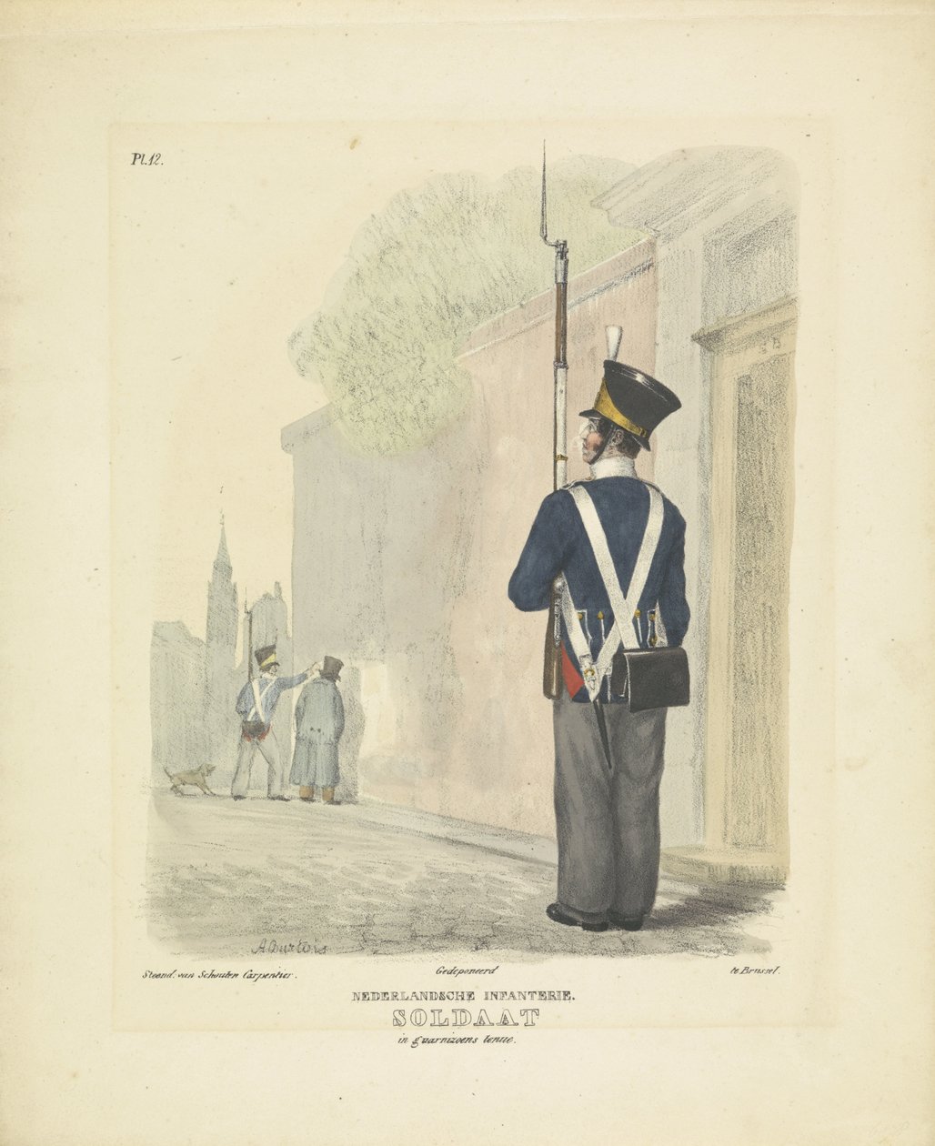 Sotilas varuskunnan asussa, 1820-1825 hollantilainen jalkaväki. Sotilas sissipuvussa (nimi esineessä) Alankomaiden kuningaskunnan sotilasasut. Omistettu Hänen ylhäisyydelleen Willem van Bylandtille (esineessä sarjan nimi) tekijältä A. Courtois