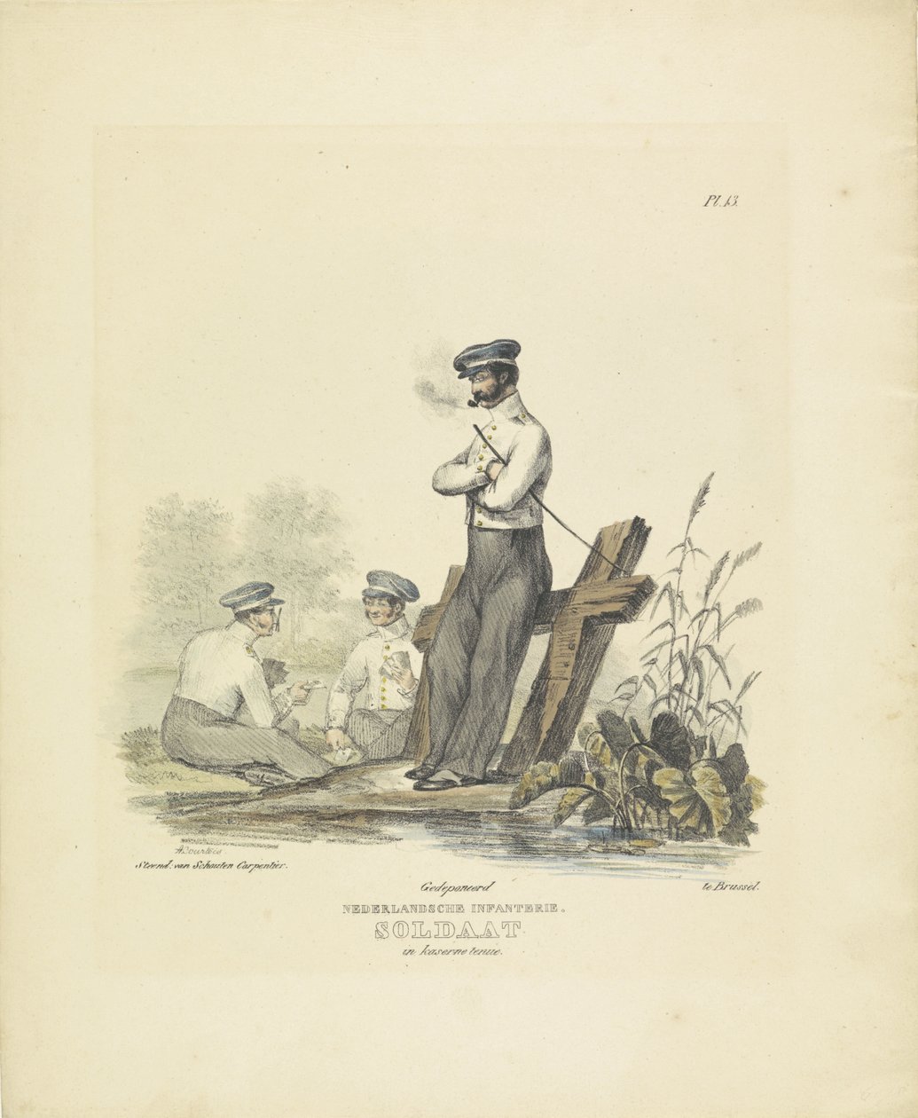 Sotilas kasarmiunivormussa, 1820-1825 hollantilainen jalkaväki. Sotilas Kaserne-asussa (nimi esineessä) Alankomaiden kuningaskunnan sotilasasut. Omistettu Hänen ylhäisyydelleen Willem van Bylandtille (esineessä sarjan nimi) tekijältä A. Courtois