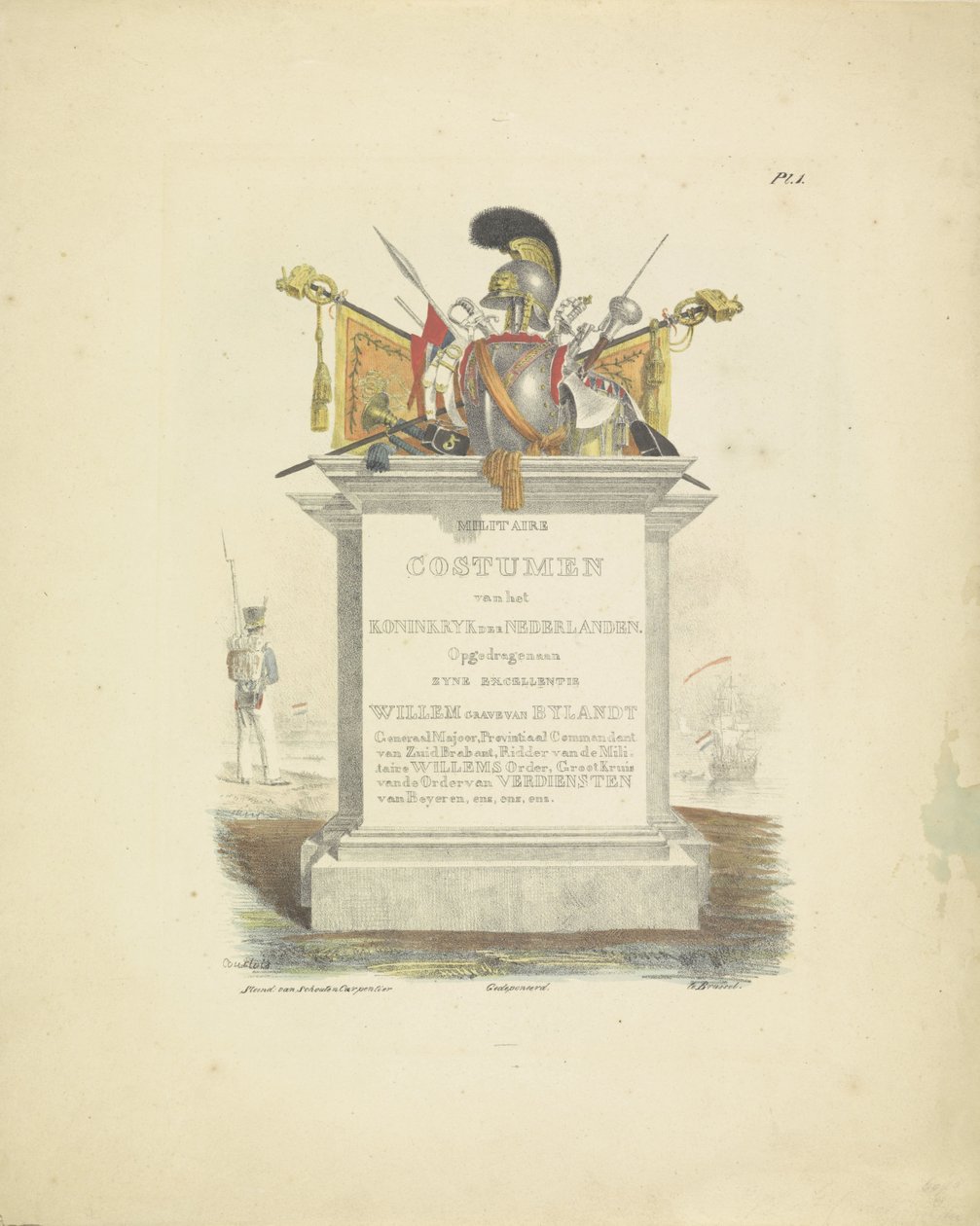 Otsikkopainatus Hollannin kuningaskunnan univormusarjaan 1820-1825 Alankomaiden kuningaskunnan sotilasasut. Omistettu Hänen ylhäisyydelleen Willem van Bylandtille (esineessä sarjan nimi) tekijältä A. Courtois