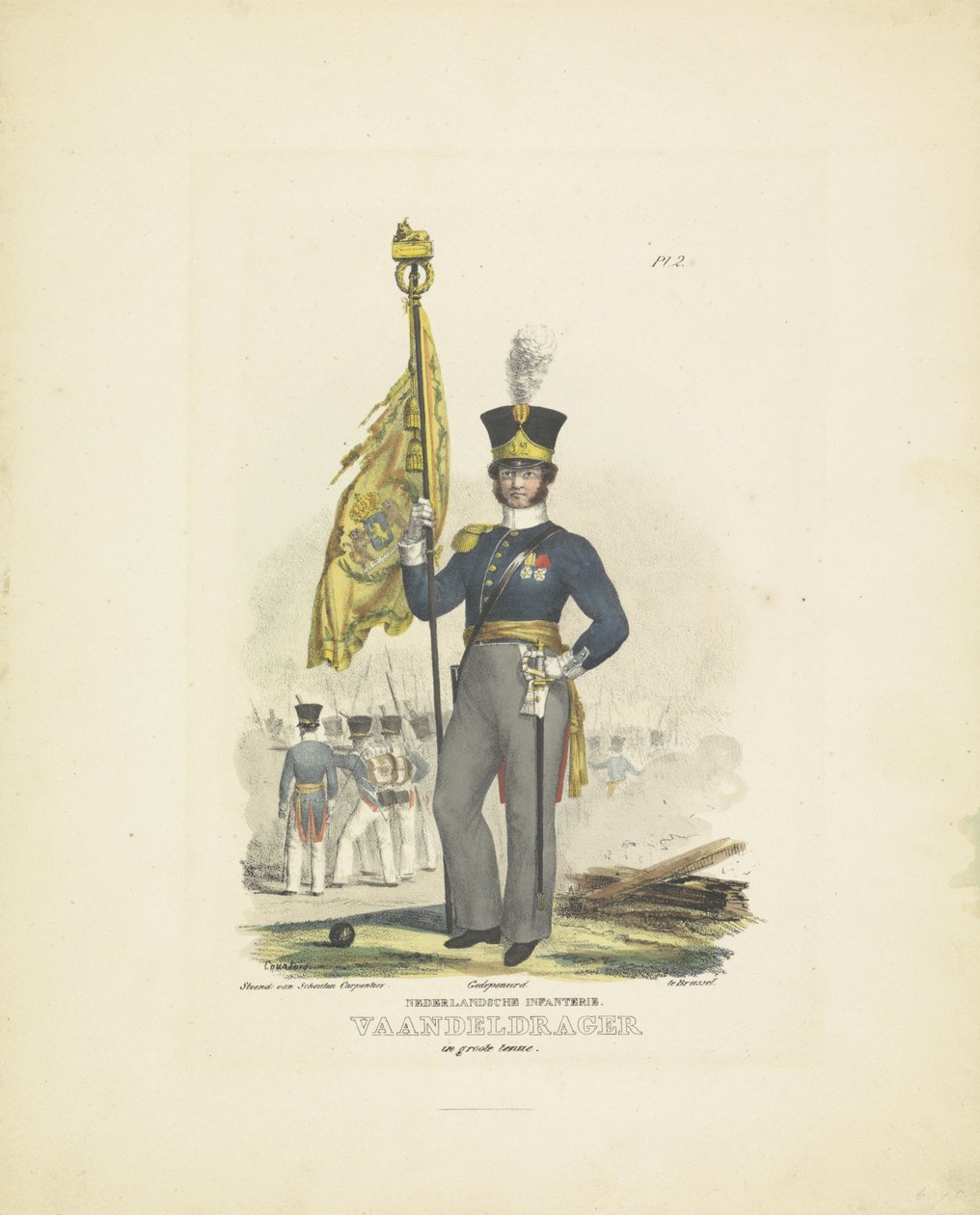 Lipunkantaja täydessä asussa, 1820-1825 hollantilainen jalkaväki. Lipunkantaja isossa univormussa (otsikko esineessä) Alankomaiden kuningaskunnan sotilasasut. Omistettu Hänen ylhäisyydelleen Willem van Bylandtille (esineessä sarjan nimi) tekijältä A. Courtois