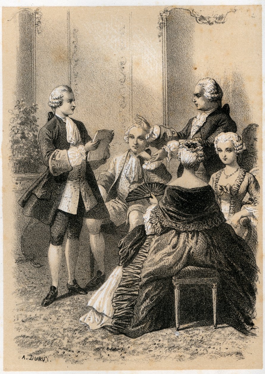 Antoine-Marin Lemierre lukee Hypermnestraa Jean-Baptiste Vivien de Chateaubrunille, kuvitus teoksesta "Illustrations litteraires de la France tai anekdoottinen galleria tärkeimmistä kirjailijoistamme, jotka on maalattu heidän teoillaan ja kirjoituksellaan" tekijältä A. Duruy