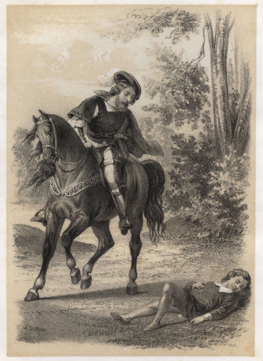 Jacques Amyot (1513-1593), pelasti 10-vuotiaana matkustajan toimesta. Kaiverrus A. Duruy teoksessa "" Literary Illustrations of France; tai Anekdootti galleria tärkeimmistä kirjoittajistamme, jotka ovat kiinnostuneita heidän teoistaan ​​ja heidän kirjoituk tekijältä A. Duruy