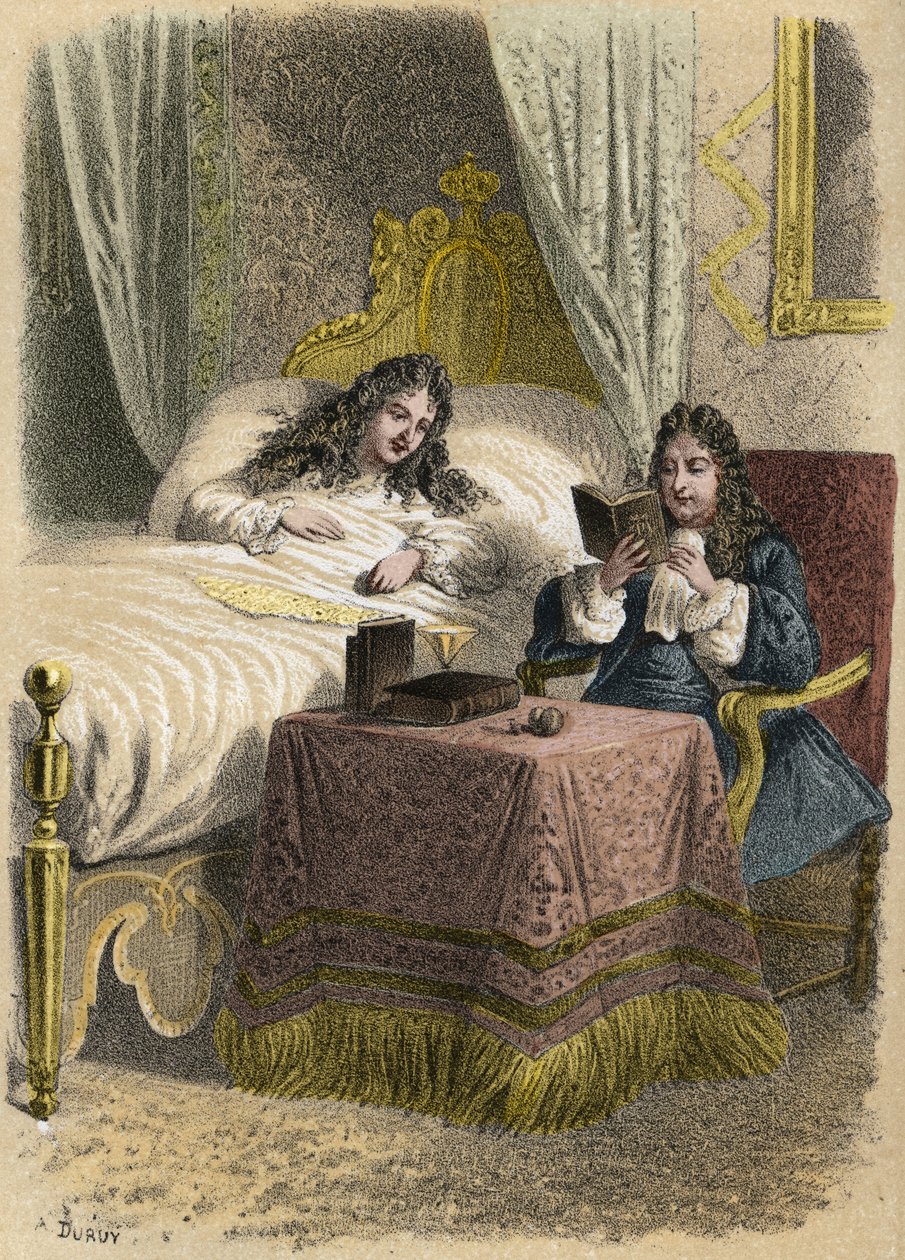 Ludvig XIV Ranskan kuningas halusi kuulla Jean Racinen lukevan ja toi hänet sisään hänen ollessaan sairaana. Kaiverrus A. Duruy teoksessa "" Literary Illustrations of France; kulta, Anekdootti galleria tärkeimmistä kirjoittajistamme, jotka ovat kiinnostune tekijältä A. Duruy