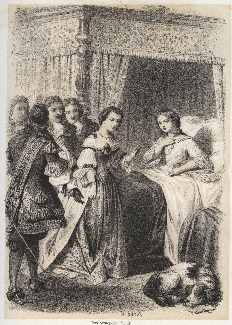 Madame Deshoulieres, Antoinette Ligier de La garde (1637-1694) oli seurueensa täynnä kysymyksiä haamujen pelossa vietetyn yön jälkeen. Kaiverrus A. Duruy kirjassa "" Illustrations litteraires de la France; tai Galerie alecdotique de nos pr tekijältä A. Duruy