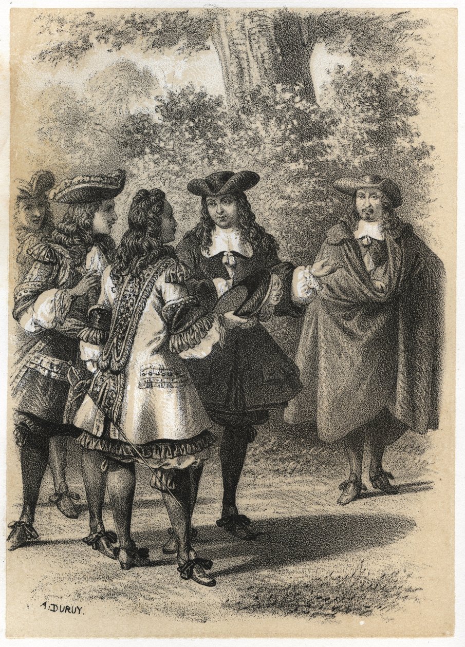 Jean Racinen (1639-1699) ja Pierre Corneillen (1606-1684) tapaaminen Pariisissa. Kaiverrus A. Duruy teoksessa "" Literary Illustrations of France; kulta, Anekdootti galleria tärkeimmistä kirjoittajistamme, jotka ovat kiinnostuneita heidän teoistaan ​​ja he tekijältä A. Duruy